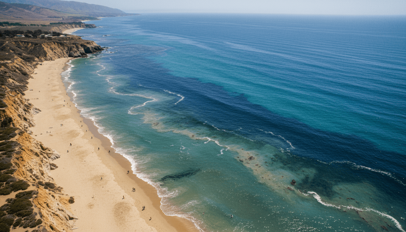 An aerial view showing the extensive reach of a historic marine heat wave along the California coastline, with subtle color shifts in the ocean indicating temperature anomalies.