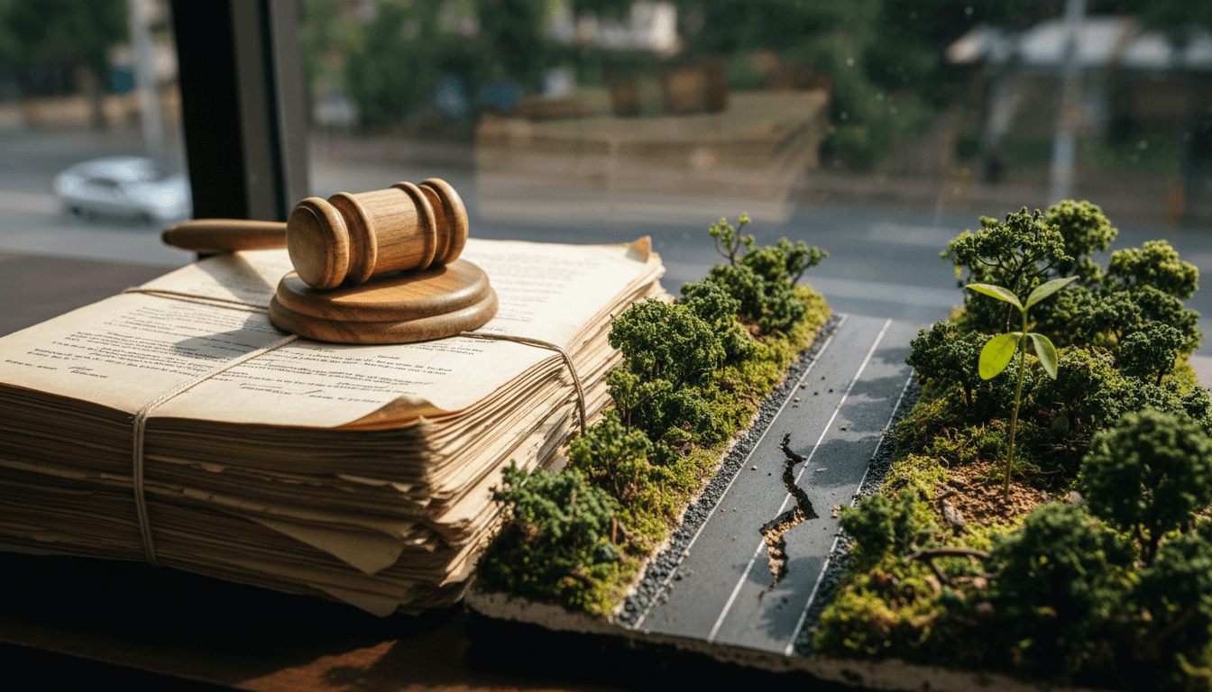 A collection of legal documents pertaining to the BR-319 highway lawsuit, alongside a small, vibrant green sapling representing the Amazon rainforest.