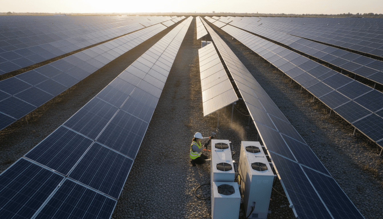 A vast field of modern solar panels under a clear sky, with power lines extending into the distance, symbolizing solar-driven renewables meeting global energy needs.