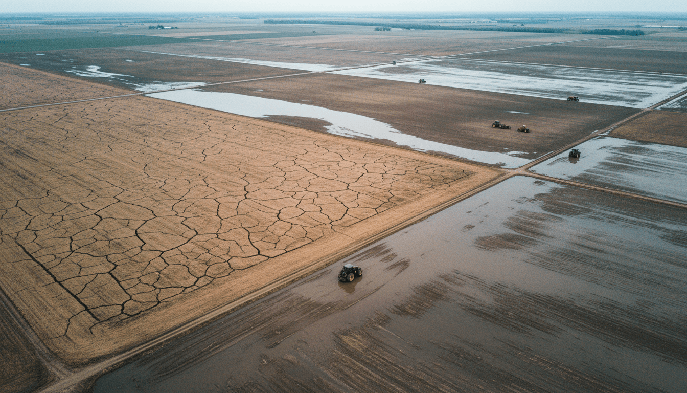 An aerial view showing vast agricultural fields, some visibly damaged by flooding or drought, representing nearly $15 billion in crops lost.