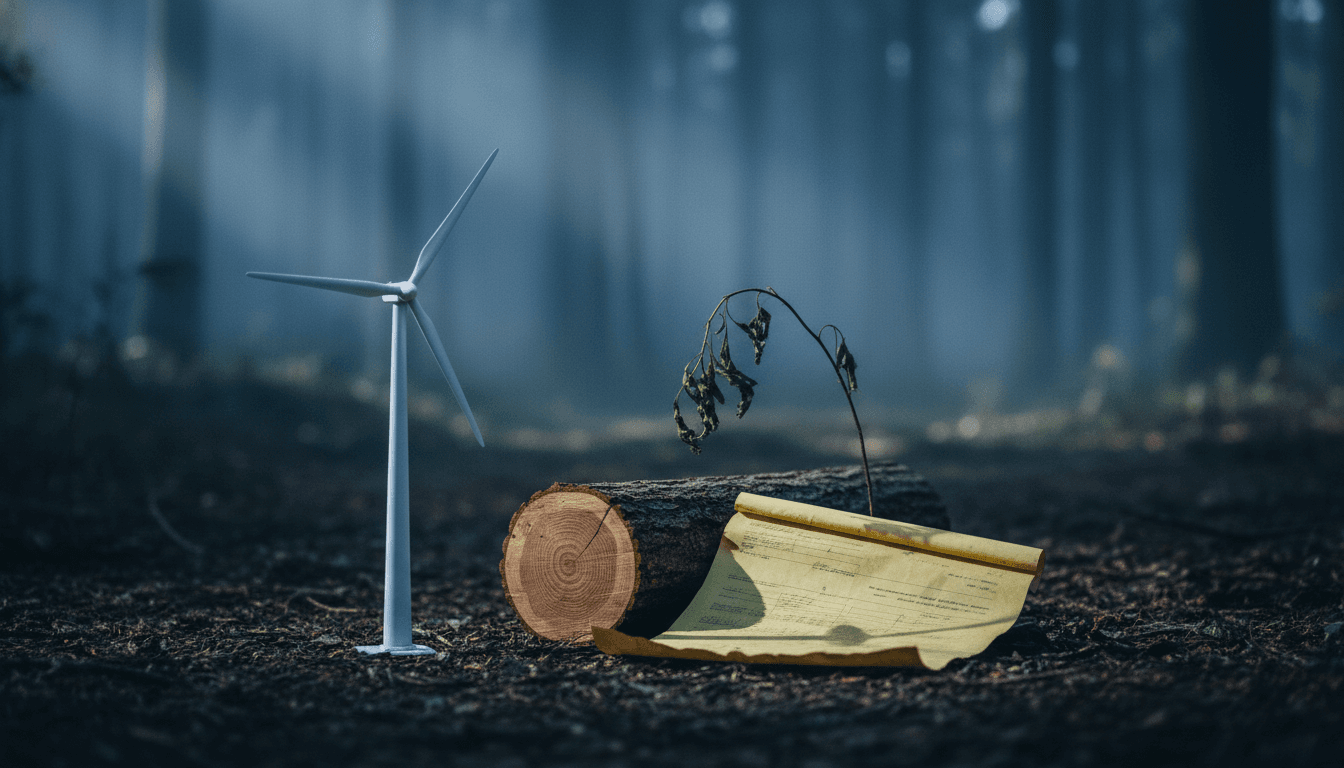 A collection of items representing illegal logging for wind power: a miniature wind turbine model, a small, freshly cut log with saw marks, a roll of faded, torn land permit documents, and a small, wilting sapling, all arranged on a forest floor backdrop.