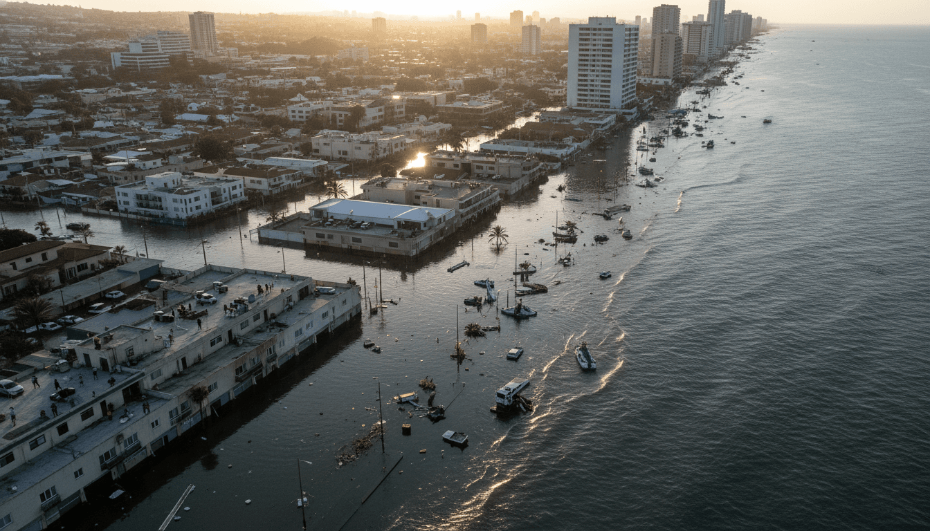 An aerial view showing extensive urban and suburban areas bordering a coastline, with several low-lying neighborhoods visibly impacted by recent water inundation, illustrating the scale of projected flood damage costs.