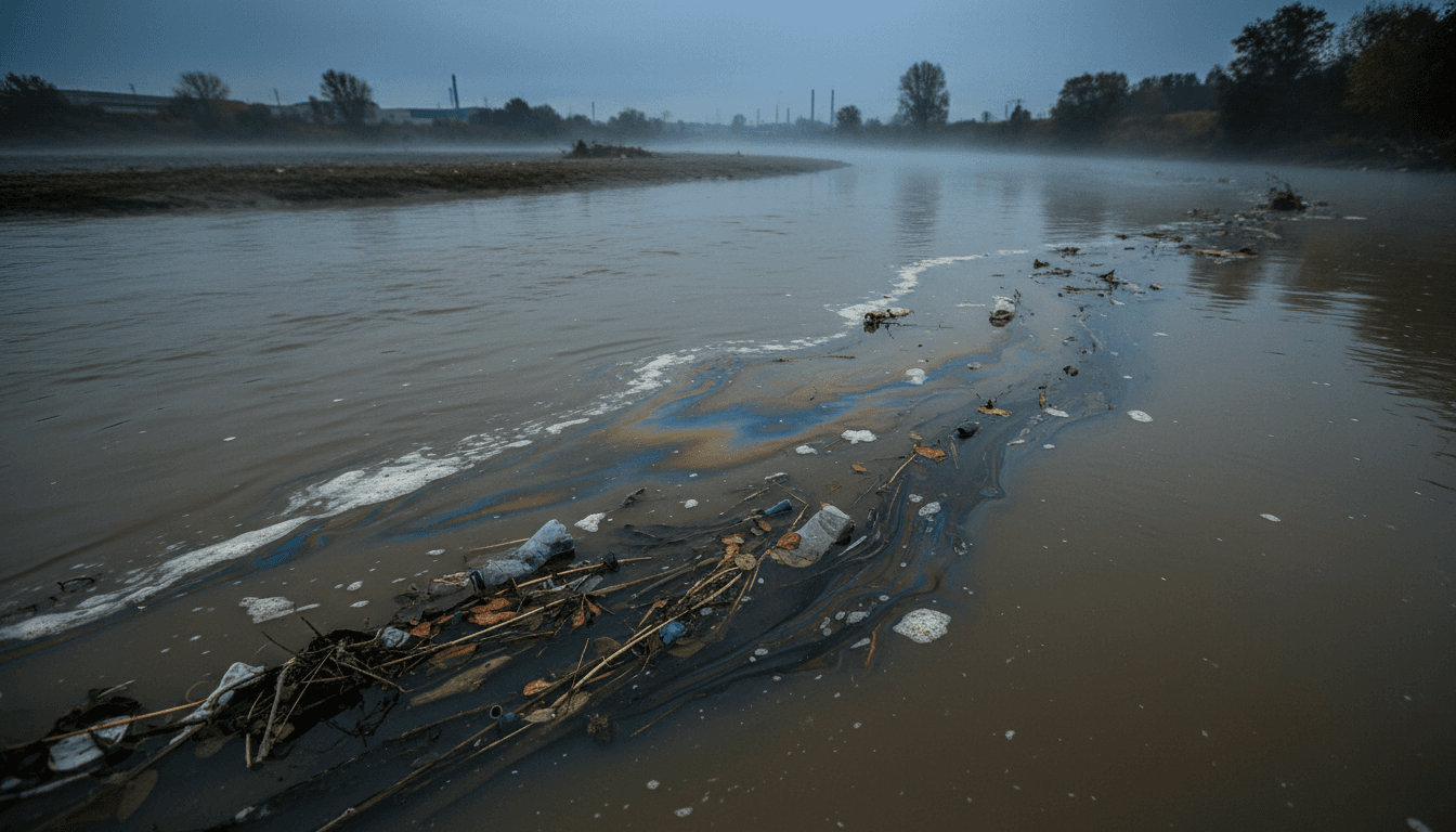 Close-up of murky, foam-flecked water in a tributary of the Amazon River, showing visible signs of Amazon River pollution.