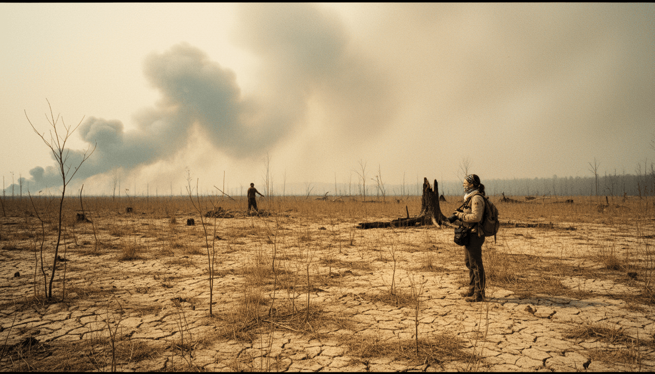 Wide shot of smoke plumes rising from wildfires ravage Southeast, obscuring the horizon over a parched landscape.