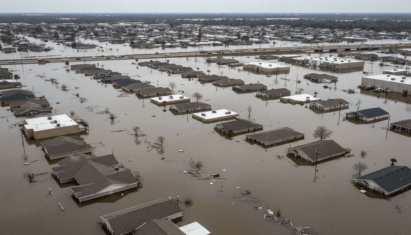 An aerial view of a flooded suburban landscape after one of the billion-dollar disasters in 2025, with partially submerged homes and roads.
