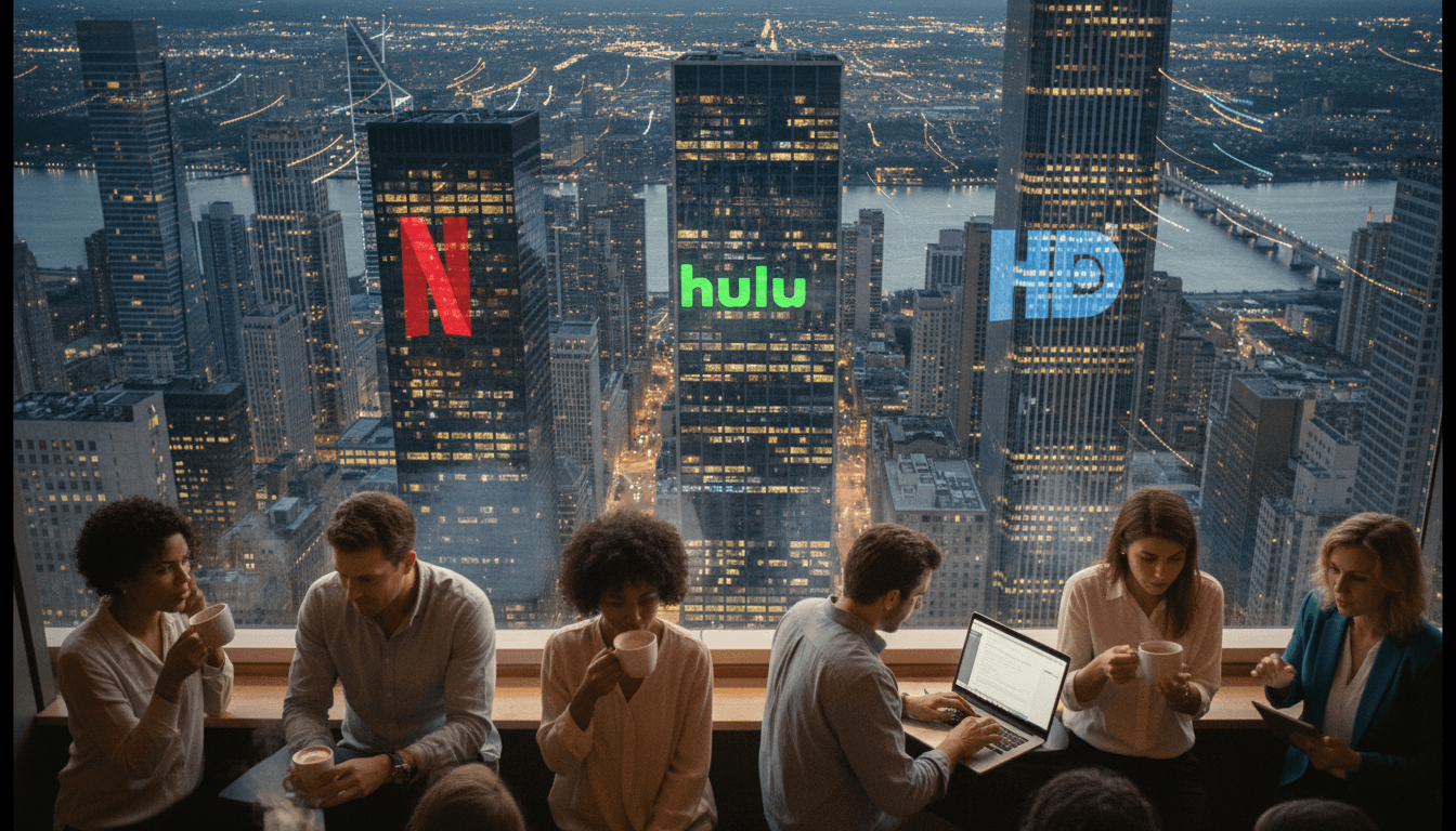 An aerial view of a bustling city skyline at dusk, with digital streaming icons subtly overlaid on prominent building facades, illustrating What's Worth Streaming in April 2026.