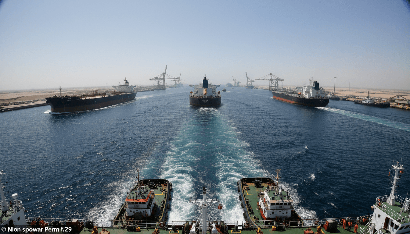 Illustration depicting the Strait of Hormuz fully reopens, showing tankers moving freely through a clear channel in the Persian Gulf.