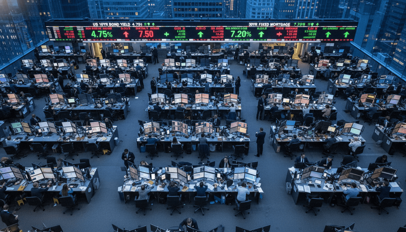 A financial news ticker displaying rising inflation spurs mortgage rate jump figures, with graphs showing upward trends in bond yields and mortgage rates.