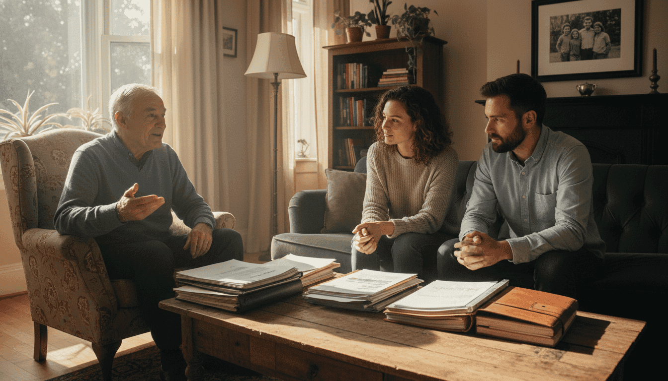 A mature man, emblematic of a Boomer Dad, thoughtfully explaining finance lessons to his two adult children in a comfortable home setting.