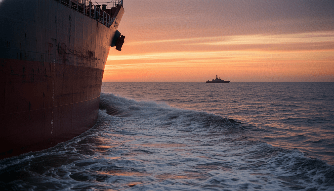 Close-up detail of a cargo ship navigating a narrow, war-blocked waterway, symbolizing the critical cease-fire mirage.