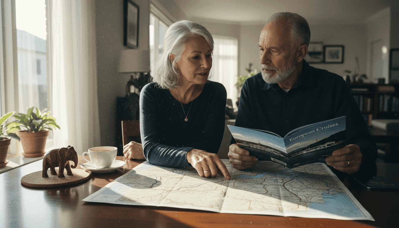 A senior couple, one with early Alzheimer's, discussing Europe trip planning, looking at a map of European river cruises, with a globe nearby.