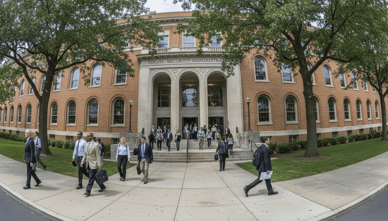 A street-level candid shot of the Social Security Administration's main campus in Woodlawn, Maryland, highlighting the critical need for Social Security funding reform.