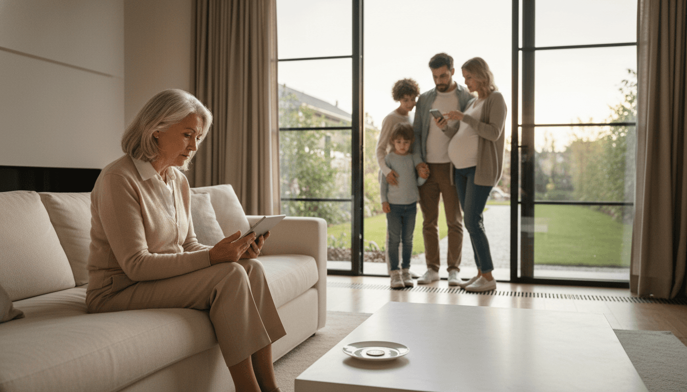 A mature woman, 71, thoughtfully considering a financial ledger or property deeds, with a younger couple and their baby in the background, representing the critical inheritance debate.