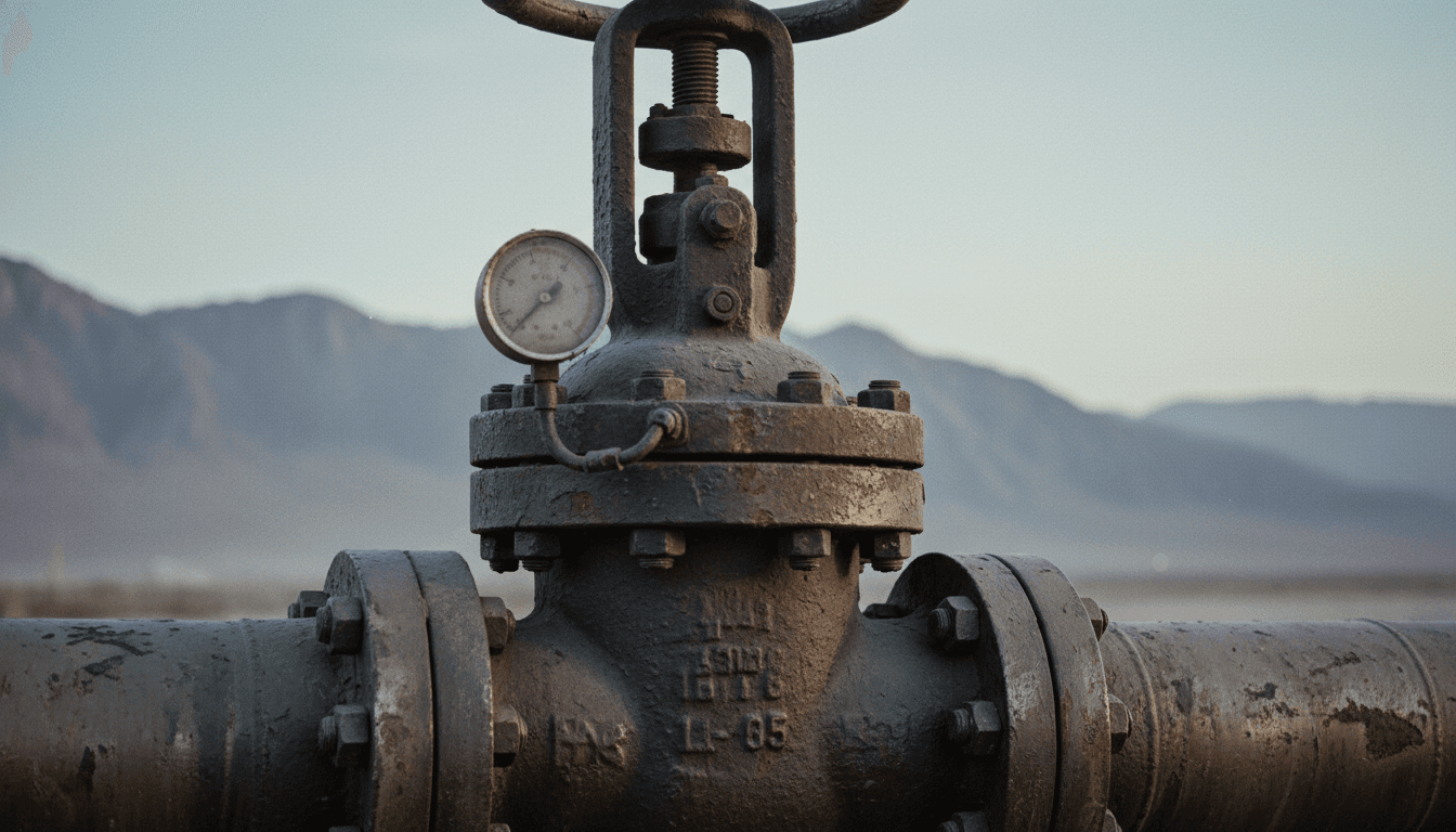A close-up of an oil pipeline valve, symbolizing how oil prices struggle amidst geopolitical tensions.
