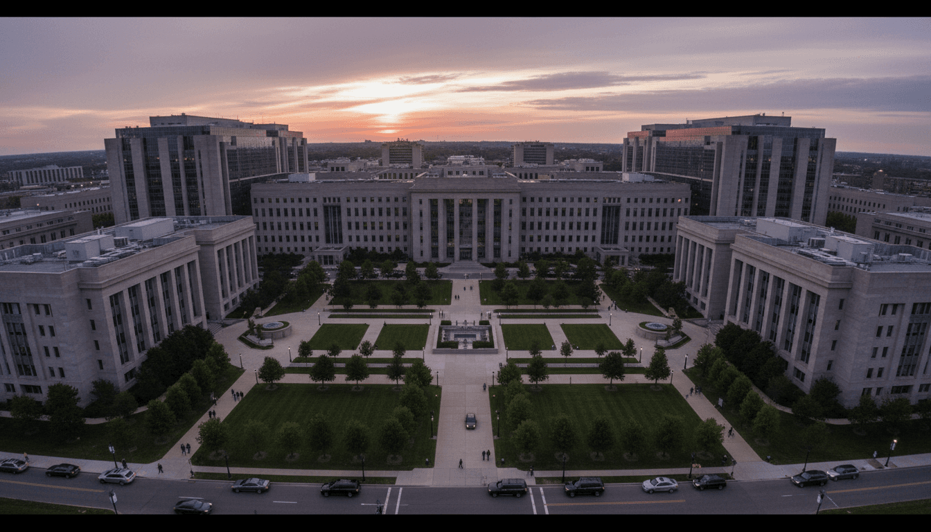 An aerial view of a bustling government office building, with a specific focus on the upper floors where Trump's job cuts boast would impact federal employees.