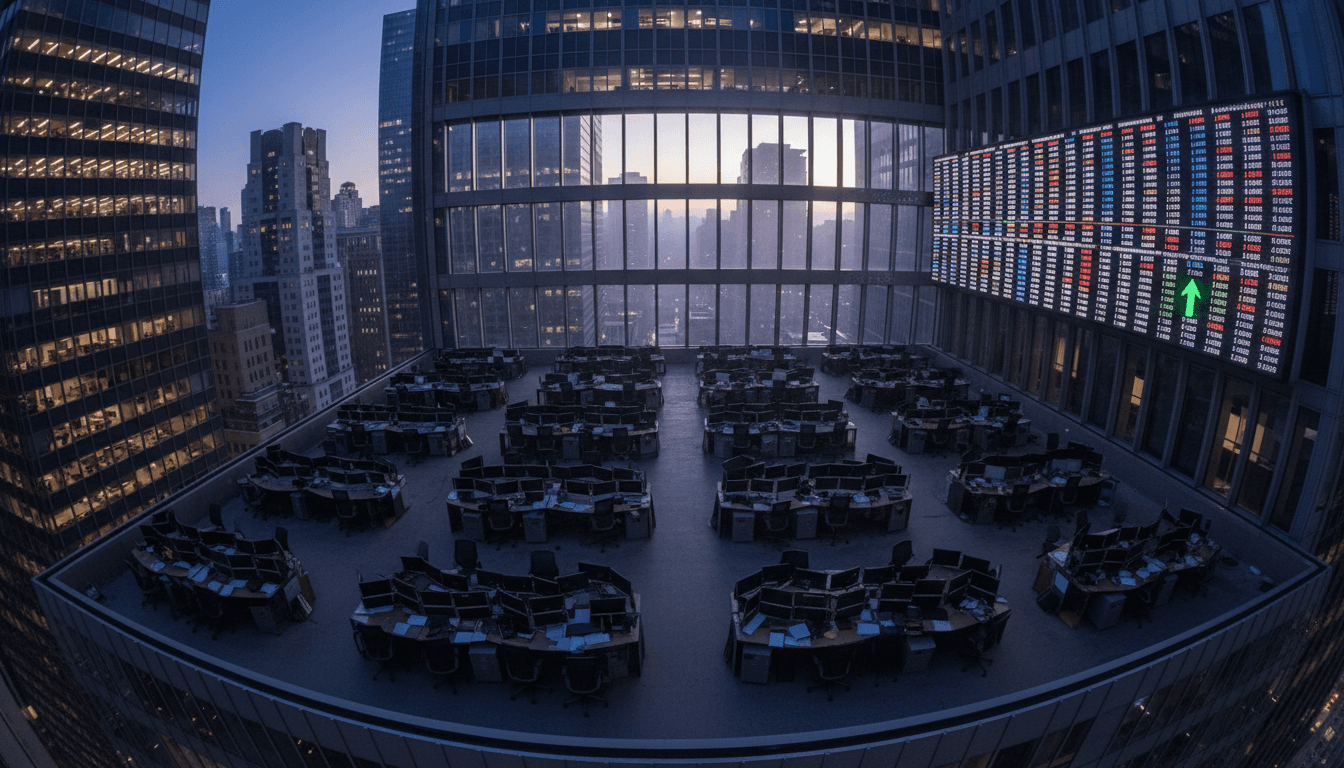 A solitary, unlit stock ticker displaying a slight upward trend, symbolizing the tentative April stock rebound against a muted, uncertain backdrop.
