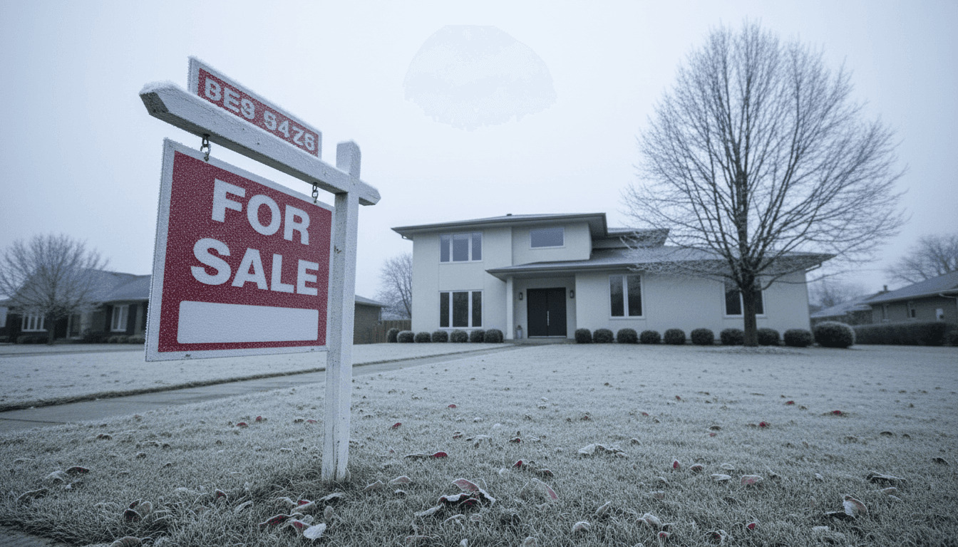 A 'For Sale' sign standing in front of a modern single-family home, partially obscured by a light layer of frost, symbolizing the US housing market deepfreeze.