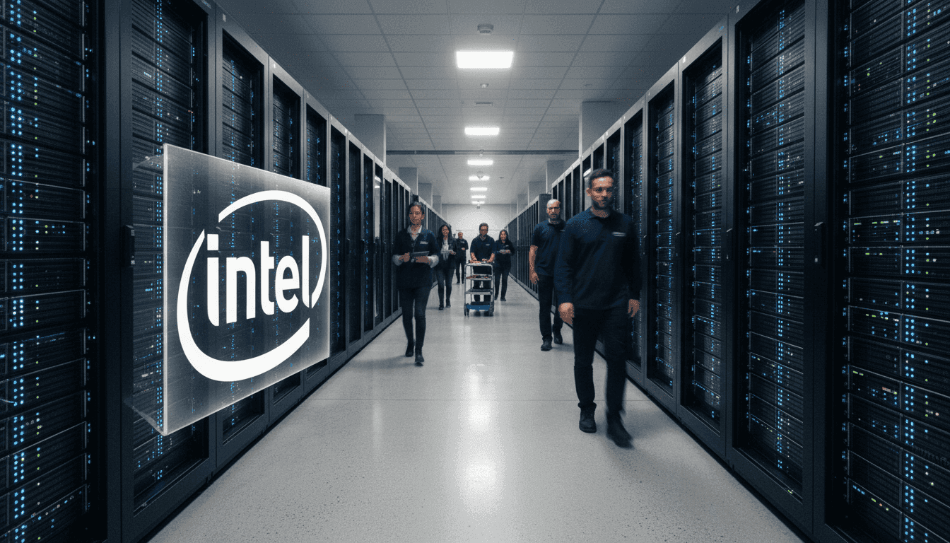 A vibrant blue and white Intel logo prominently displayed against a backdrop of glowing server racks, symbolizing the recent Intel stock surge and technological advancements.