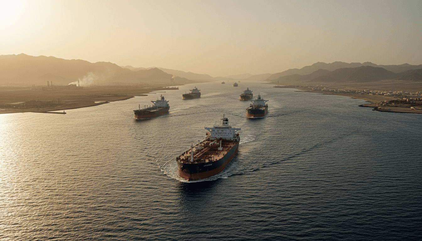 Oil tankers navigating the Strait of Hormuz under a hazy sky, illustrating the unprecedented oil price gap and supply disruptions.
