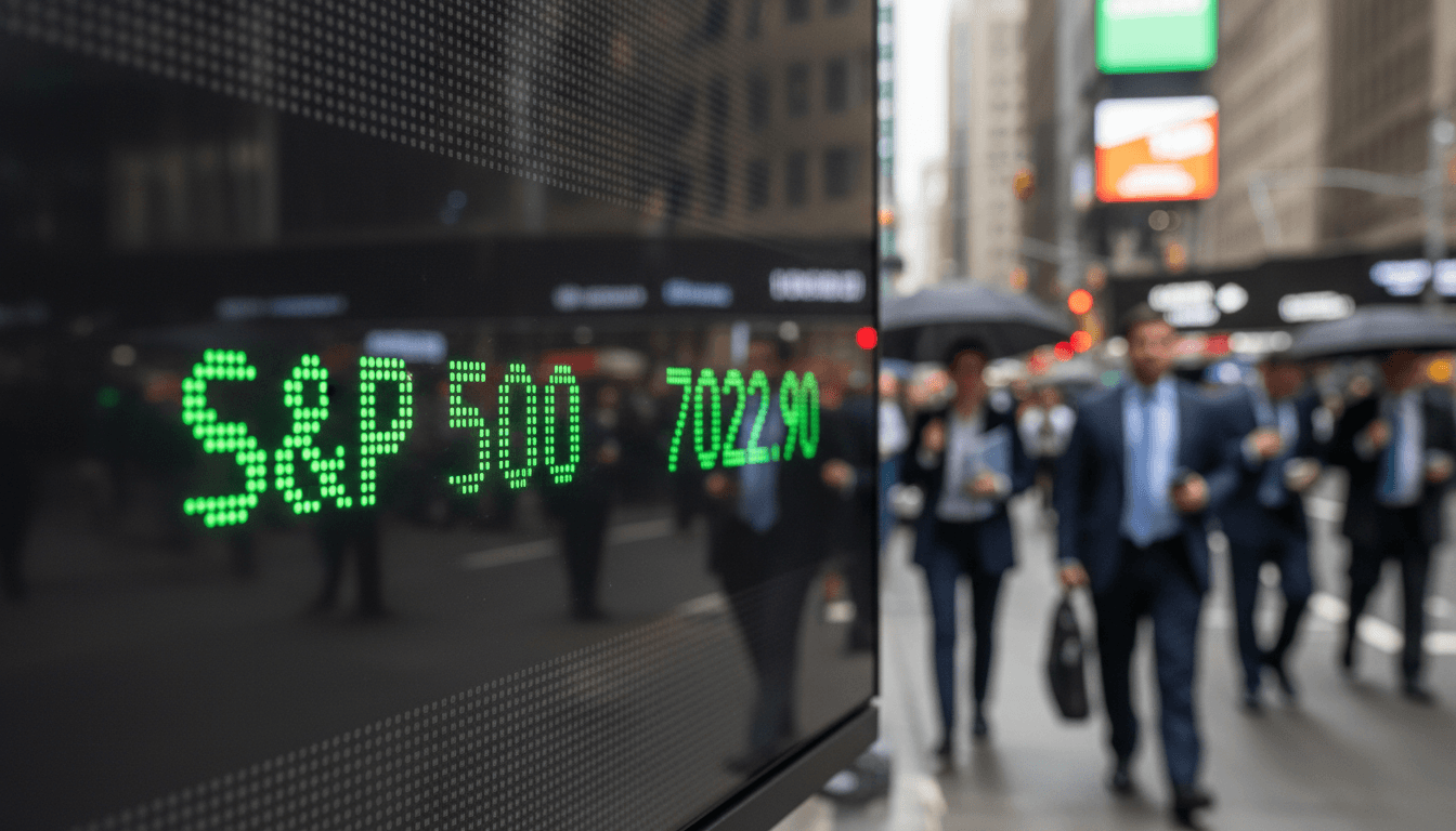 A close-up of a digital stock ticker displaying 'S&P 500 7022.90' in green, symbolizing the S&P 500 surges past 7,000 mark.