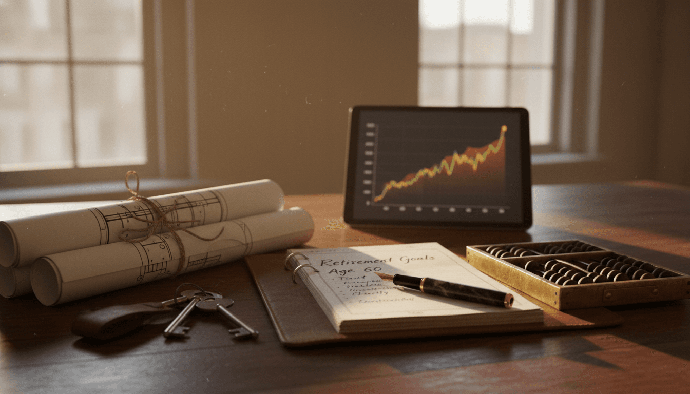 A person looking at a detailed financial planning document with the phrase 'retire at 60' highlighted, alongside investment charts and house keys.