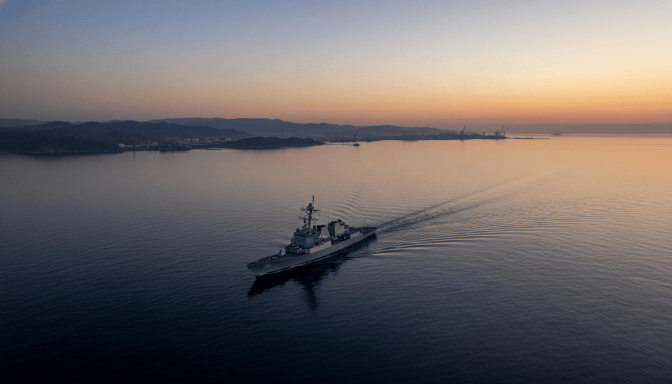 Aerial view of a naval vessel navigating through a tense strait, symbolizing the critical Iran war standoff.