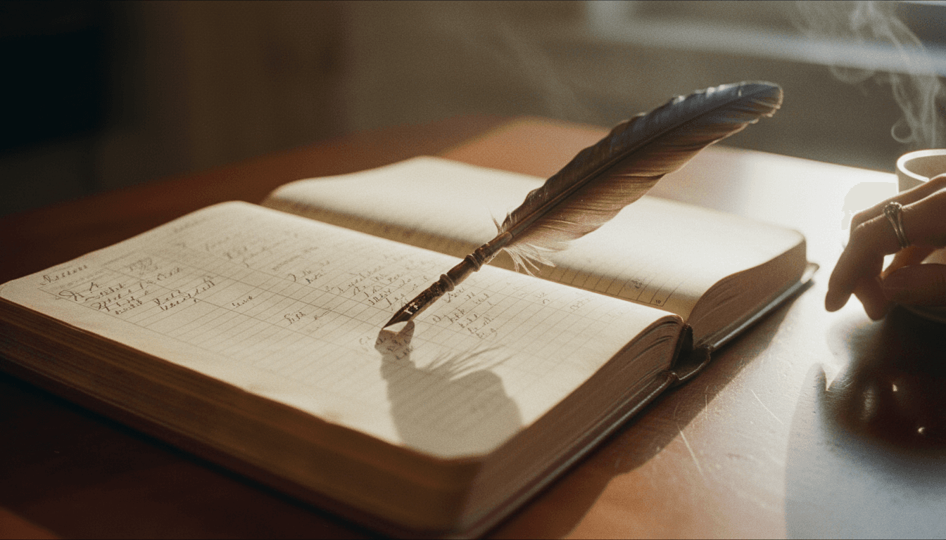 A detailed close-up of a vintage leather-bound ledger with 'Inherited Wealth Management' subtly embossed, resting on a polished mahogany desk next to a quill pen.