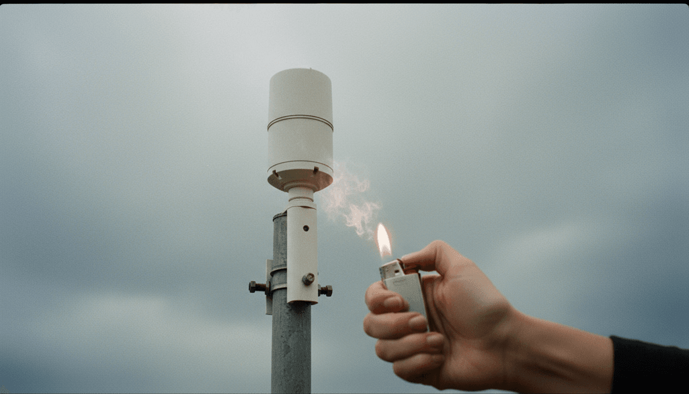 A close-up of a weather sensor at Charles de Gaulle Airport, potentially showing signs of tampering, highlighting the investigation into suspicious Polymarket bets.