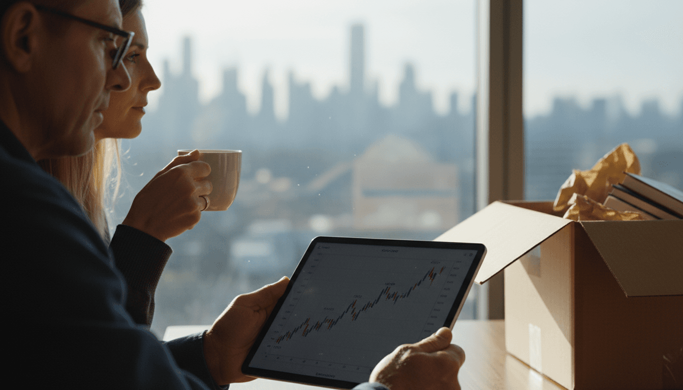 A couple in their late 50s or early 60s looking thoughtfully at a financial spreadsheet on a tablet, discussing their options for retirement at 60, with a 'Sold' sign faintly visible through a window in the background.