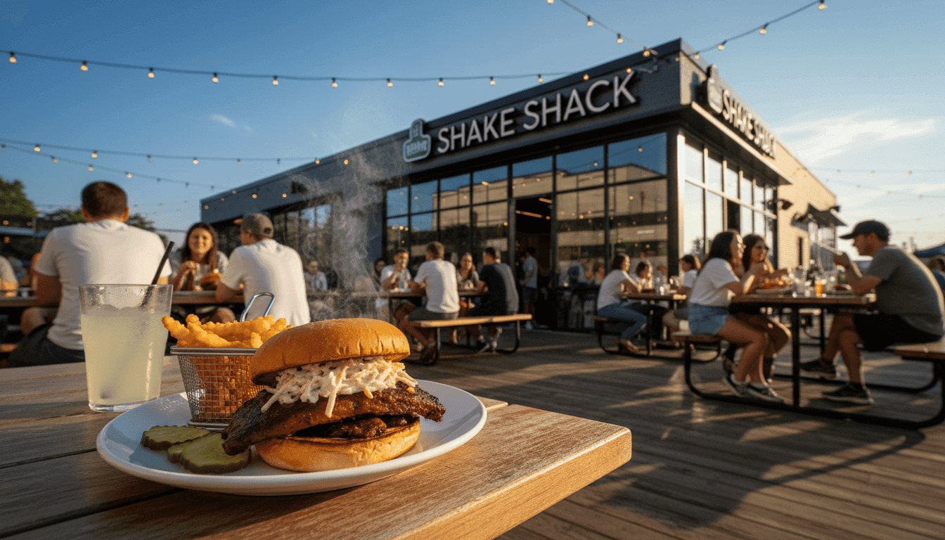 A close-up of Shake Shack's new sandwich, the BBQ Boneless Baby Back Rib Sandwich, served on a toasted potato bun with coleslaw and pickles, challenging the McRib.