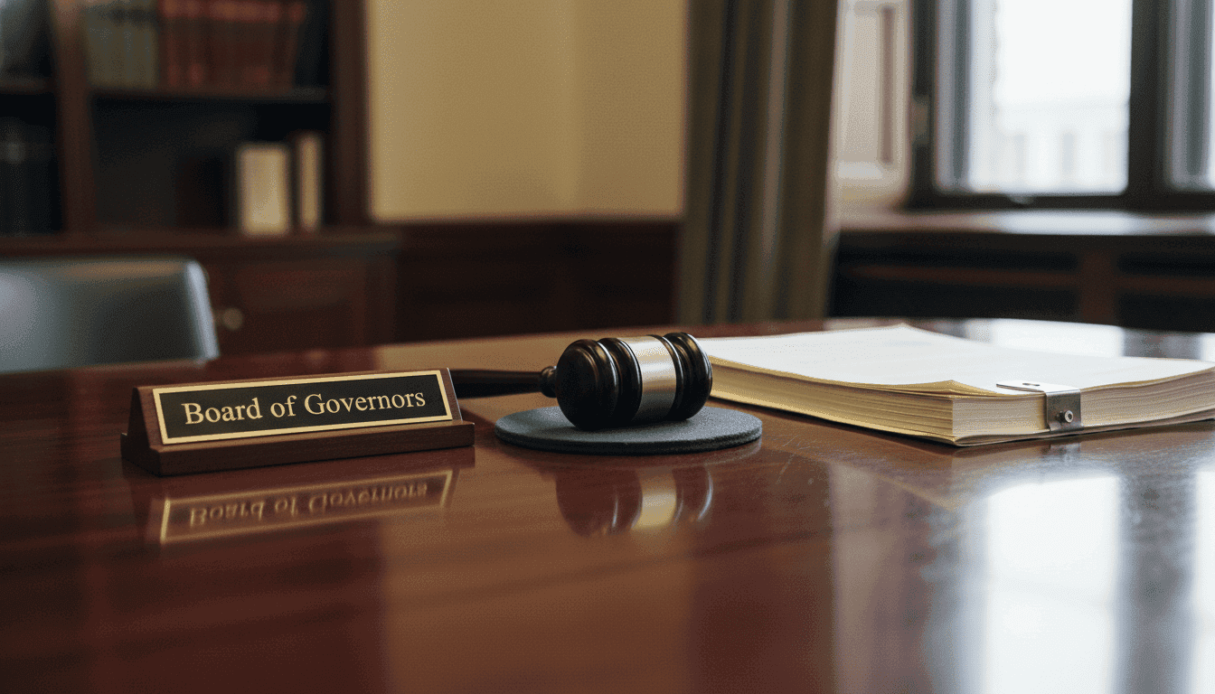 A close-up of a Federal Reserve Board of Governors nameplate on a polished wooden desk, with a gavel and a stack of financial documents, symbolizing Jerome Powell remains at Fed as governor.