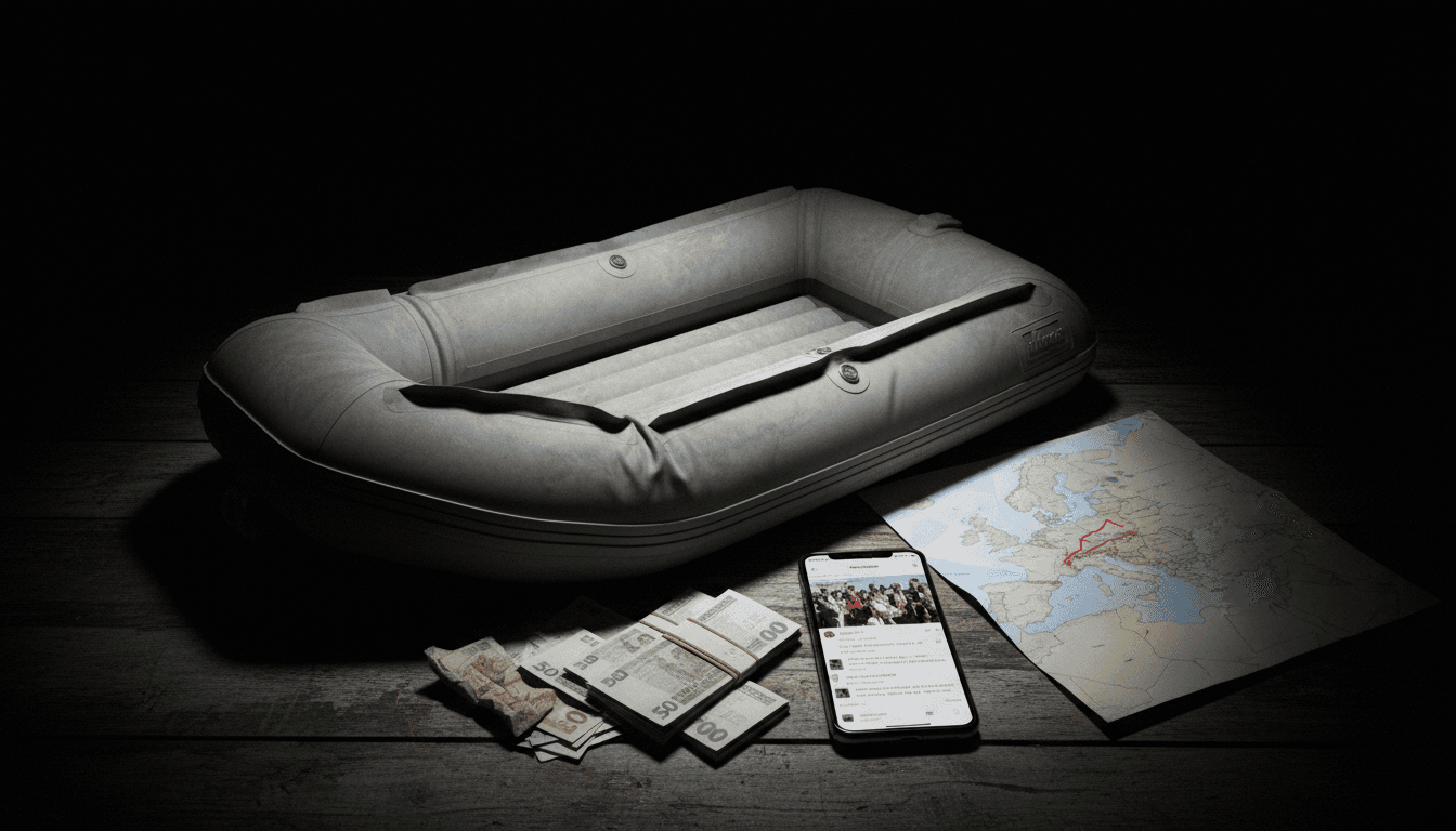 A collection of objects representing the people smuggling operation: a small, deflated inflatable boat, a mobile phone displaying social media posts, stacks of cash, and a map with a route from the Kurdistan Region of Iraq to the UK marked.