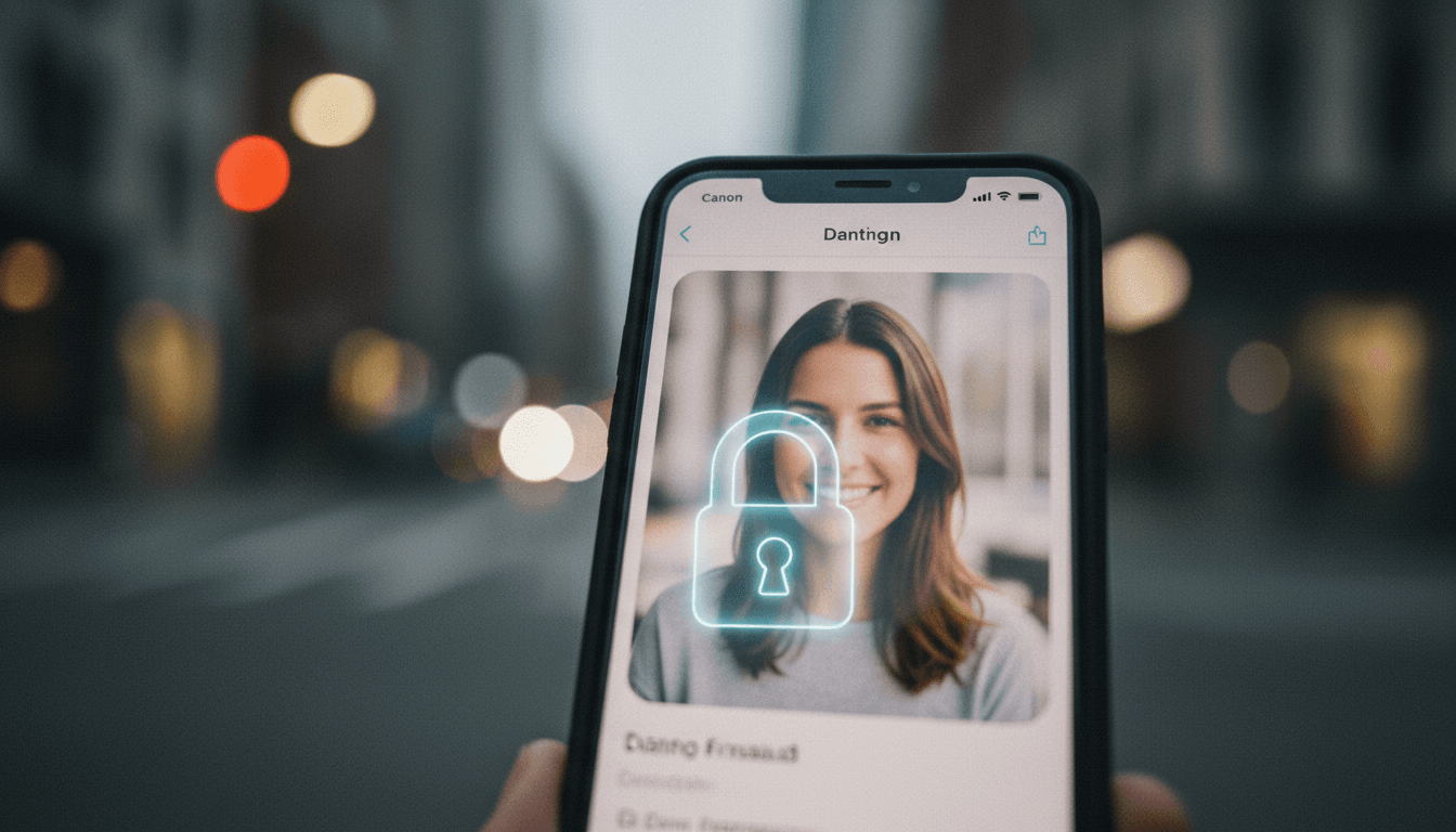Close-up of a smartphone screen displaying a fraudulent dating profile with a fake photo, overlaid with a digital lock icon.