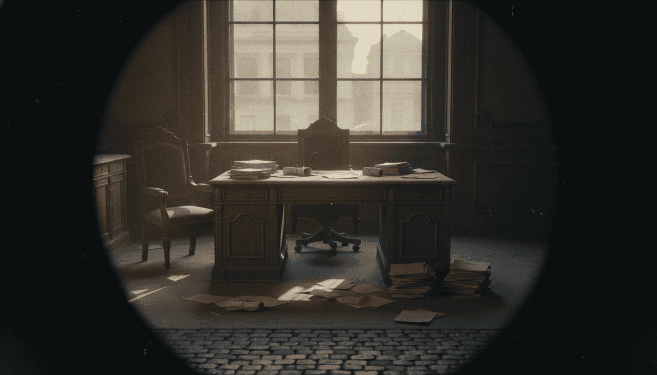 A dimly lit, empty parliamentary office with a desk piled high with neglected papers, symbolizing the 'no-show' aspect of the fictitious employment scandal.