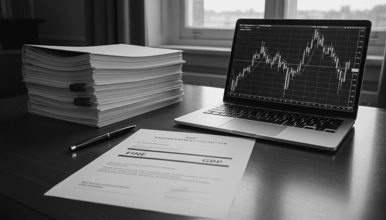 A close-up shot of a legal document from the AMF Enforcement Committee, with the fine amount of €250,000 highlighted. Surrounding it are scattered financial reports, a pen, and a laptop screen displaying a stock chart with a noticeable dip, symbolizing the impact of undisclosed information.