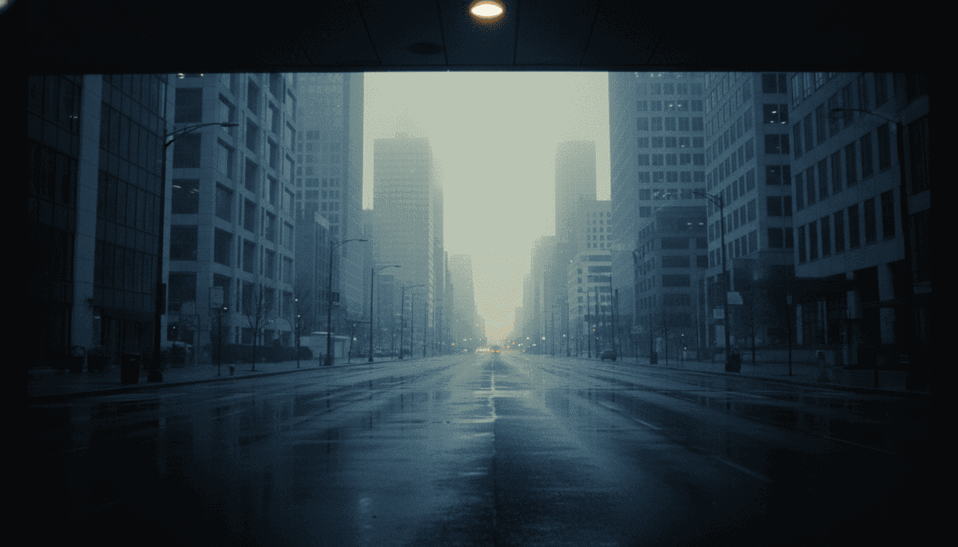 A desolate, rain-slicked street in a financial district at dawn, reflecting the muted glow of distant office lights, conveying the cold, calculating nature of financial fraud.