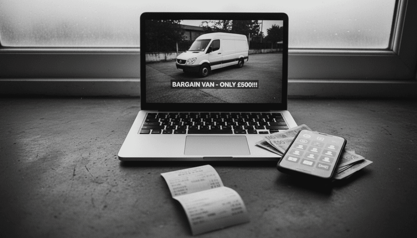 A curated still life arrangement featuring a laptop displaying a fake online vehicle advertisement, a stack of British pound notes, and a smartphone showing social media icons, symbolizing the online shopping fraud and money laundering scheme.