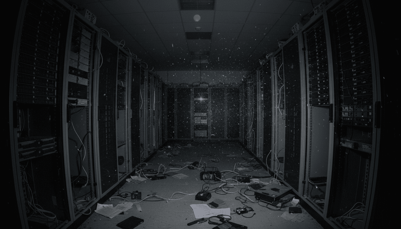A dimly lit, empty server room with rows of silent, dark computer racks, a single flickering red light in the distance, conveying the quiet, unseen nature of cybercrime and the abrupt halt of illicit operations.
