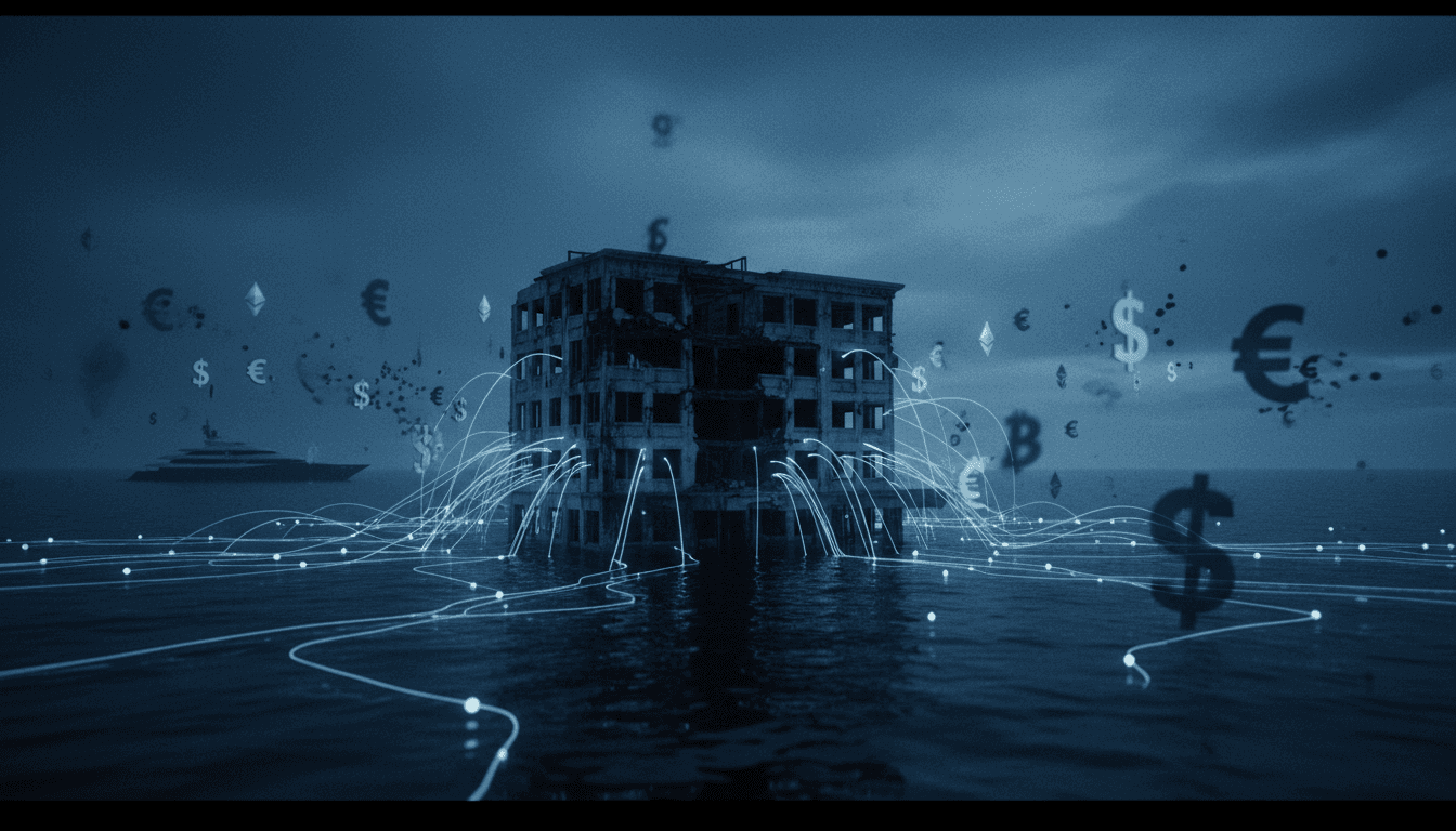 Abstract image representing financial fraud with offshore accounts and hidden money