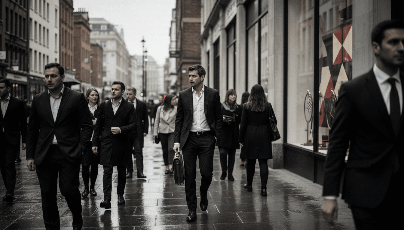 A partially obscured man in a business suit walking down a bustling street, holding a briefcase, with faint Italian brand logos in the background.