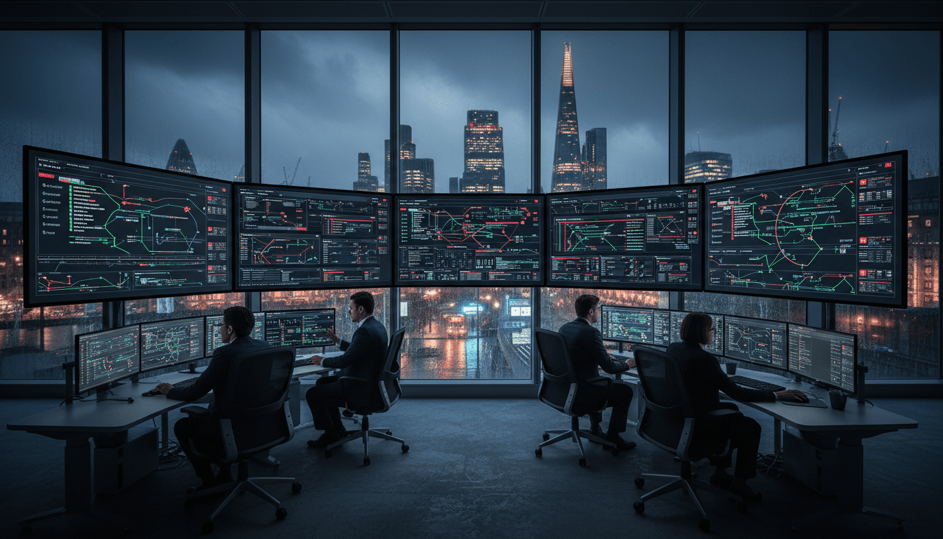 Screens of blockchain transactions and digital ledgers with a faint outline of the London skyline in the background, symbolizing the global reach of the crime.