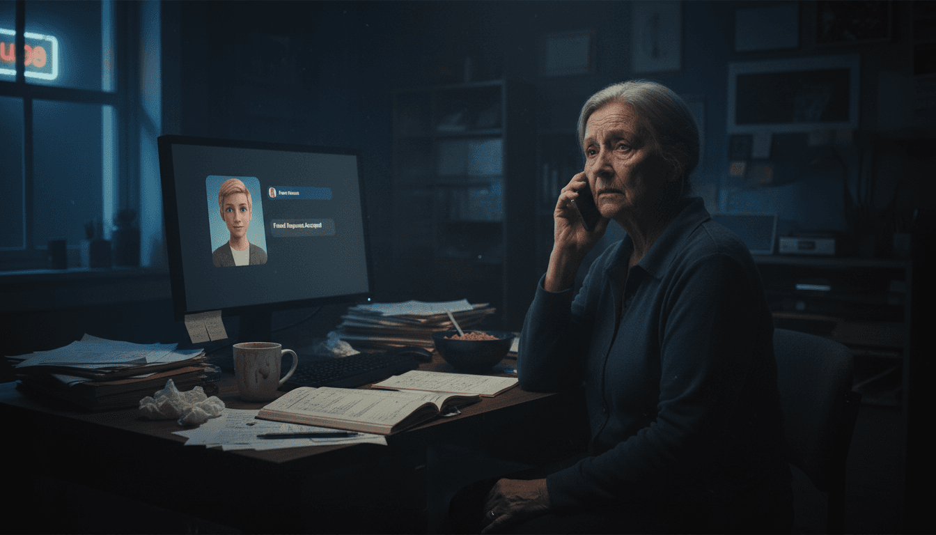 Elderly woman looking distressed while on a phone call, with a blurred background of a computer screen showing a fake online dating profile.