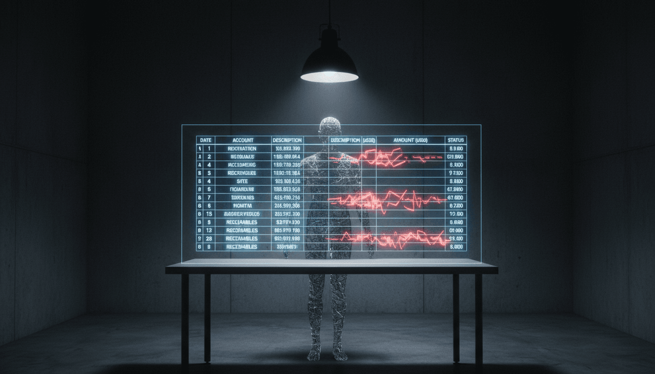 A digital representation of a broken financial ledger, with some entries highlighted in red, signifying fraudulent or ineligible receivables within a securitisation fund.