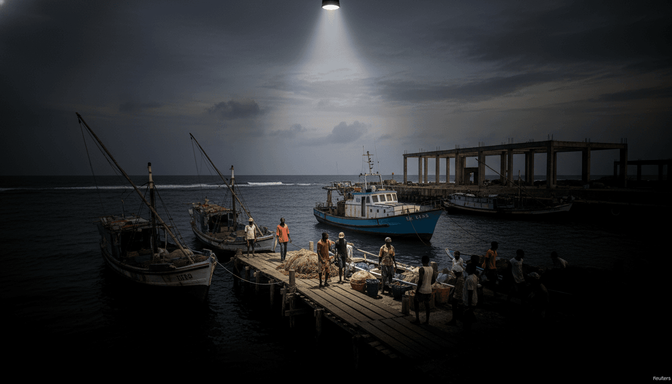 A wide shot of the Mozambican coastline with a fishing boat in the distance, juxtaposed with subtle financial graphs overlaid, symbolizing the 'tuna bonds' scandal.