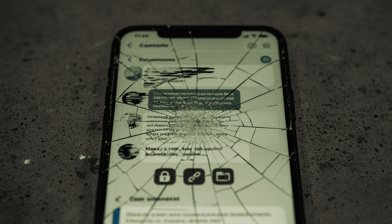 Close-up of a shattered smartphone screen showing fragments of encrypted messages and blurred illicit content symbols, reflecting the digital nature of the alleged crimes.