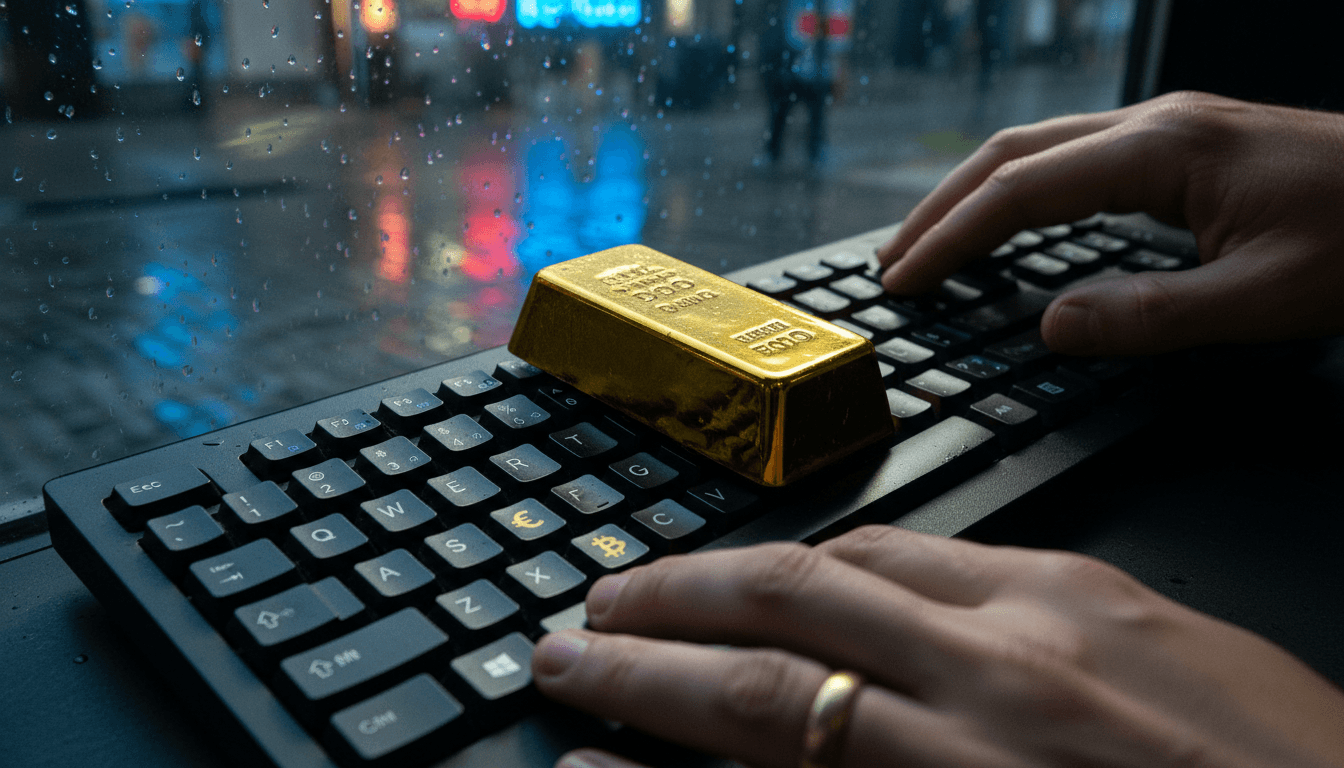 Close-up of a tarnished gold bar resting on a keyboard with Bitcoin symbols faintly visible on the keys, symbolizing fraudulent gold-backed crypto schemes.