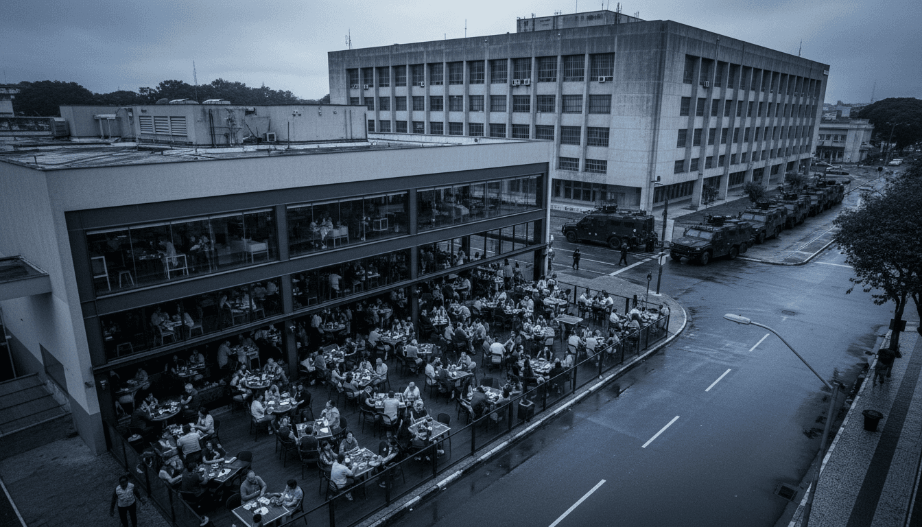Aerial view of a bustling city center with a high-end restaurant on a corner, symbolizing a public persona masking financial fraud.