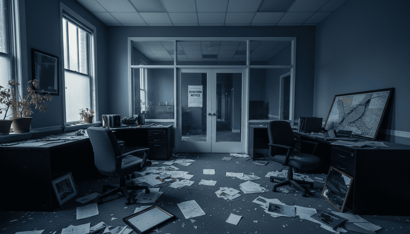 Empty, dimly lit real estate office with a 'For Sale' sign leaning against a dusty window, symbolizing a failed Ponzi scheme.
