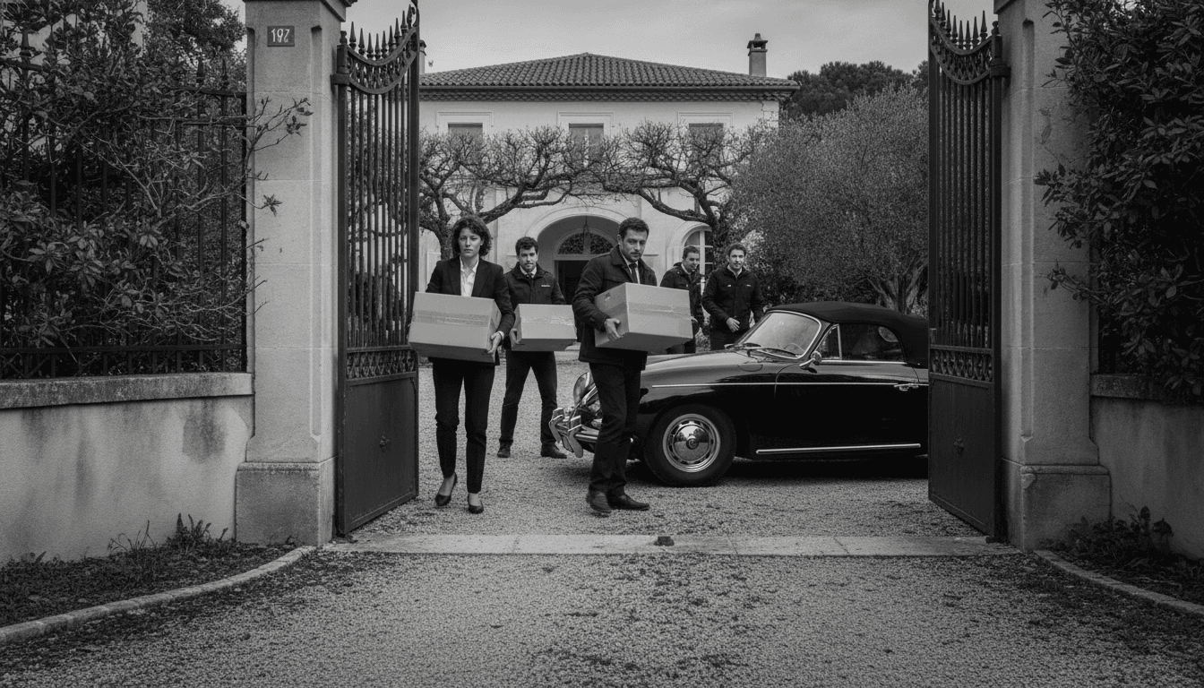 French police officers conducting a search at a luxurious villa in Saint-Tropez, with documents and bundles of cash visible on a table, amidst opulent furniture.
