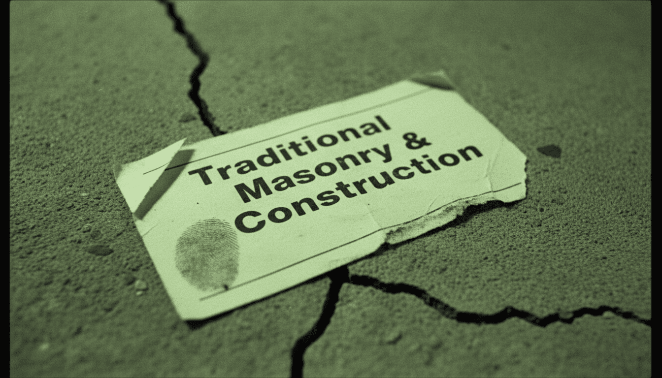 Close-up of a tattered, weathered "Traditional Masonry & Construction" flyer with a faint, smudged fingerprint on it, lying on a cracked concrete surface, symbolizing the deceptive nature of the home repair scam.